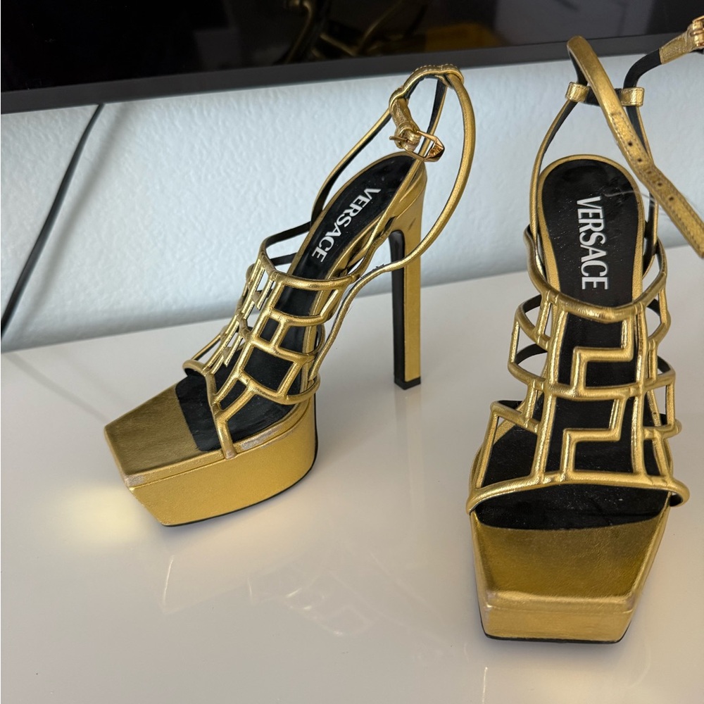 Versace Metallic Gold Platform Heels - Picture 2 of 2